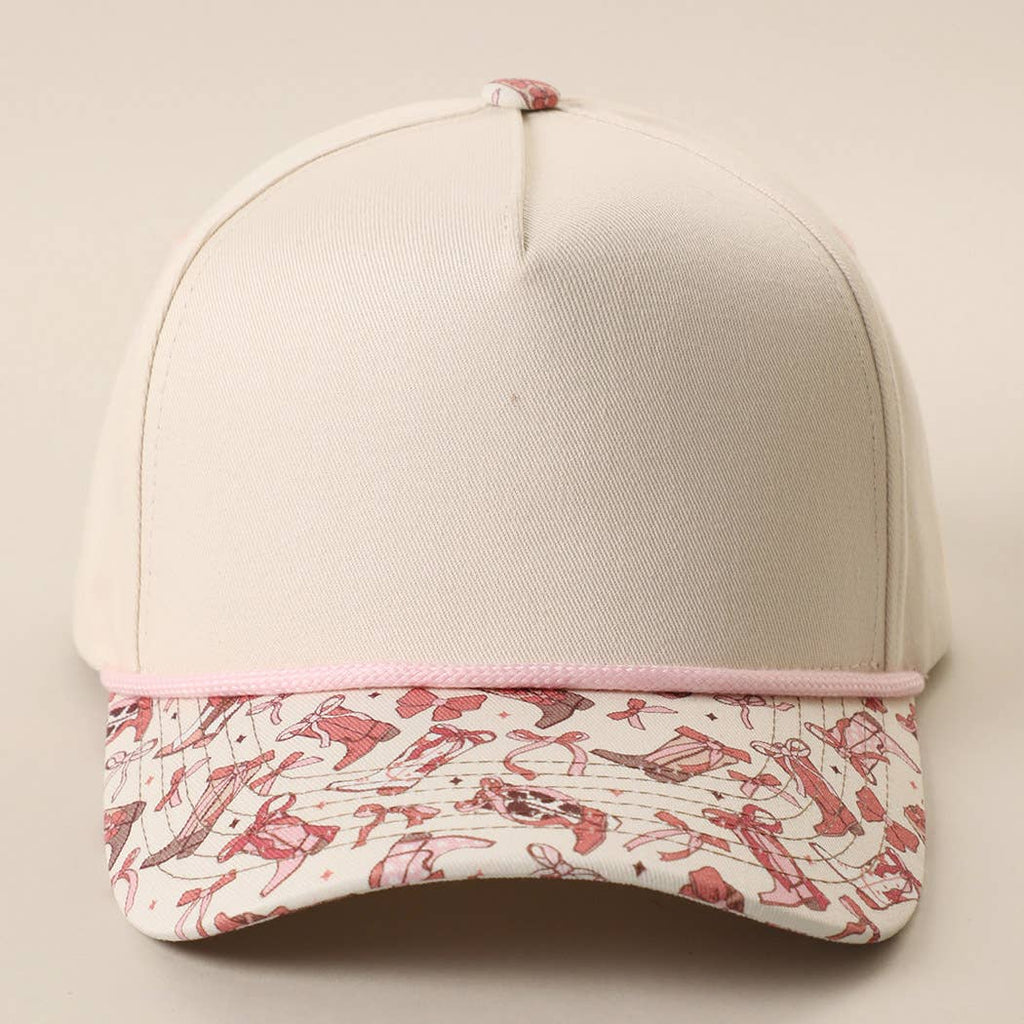 Pink Western Cowgirl Print Brim 5-Panel Rope Trucker Hat
