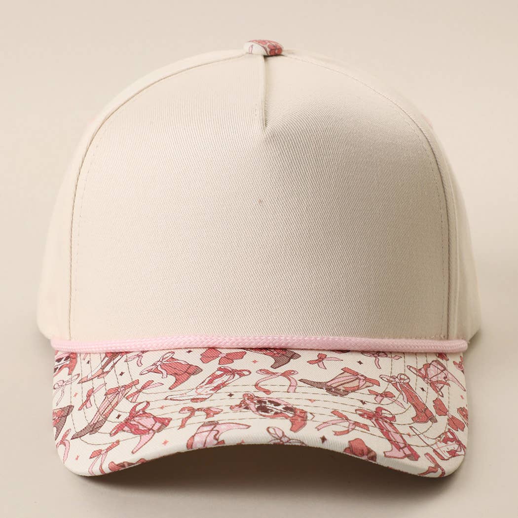 Pink Western Cowgirl Print Brim 5-Panel Rope Trucker Hat