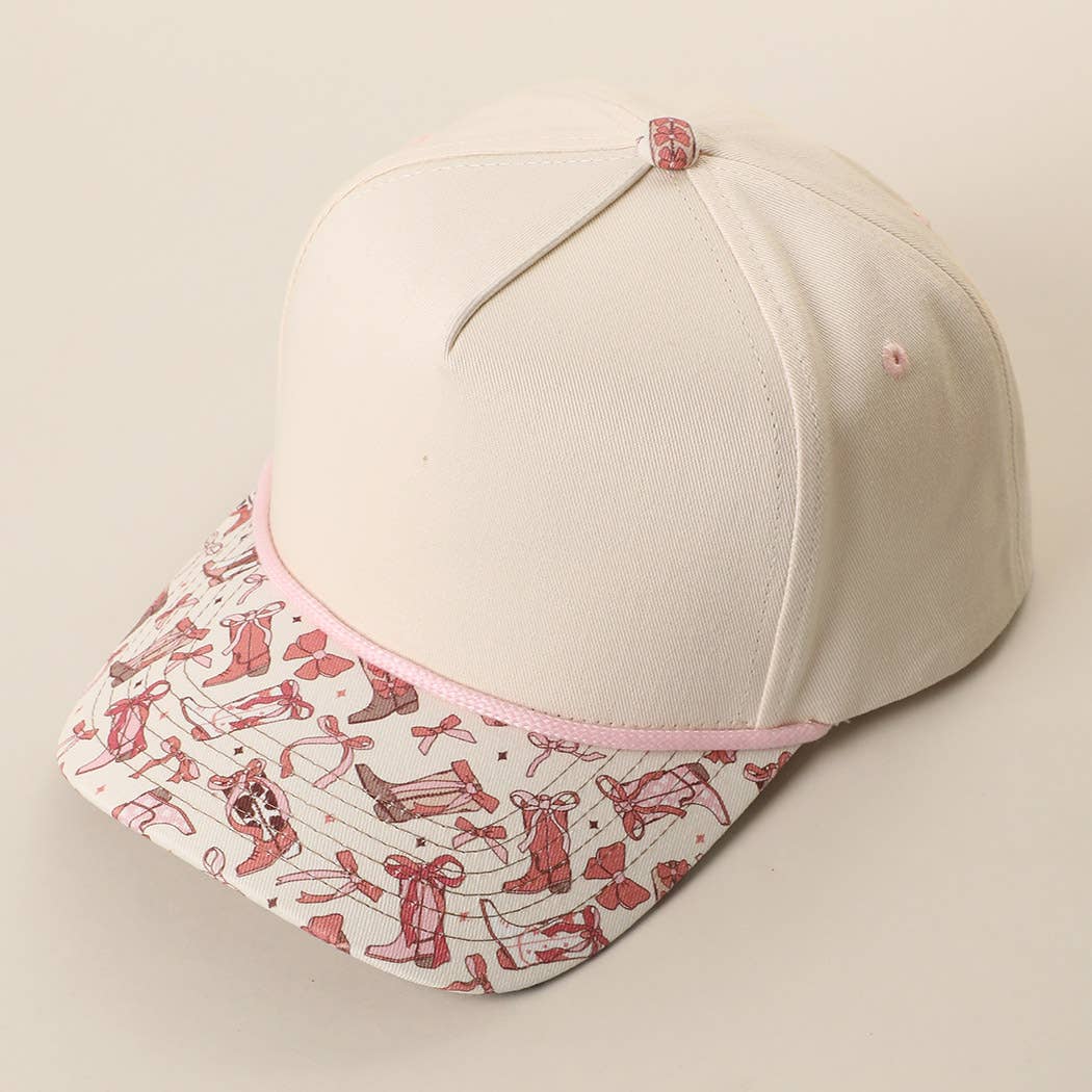 Pink Western Cowgirl Print Brim 5-Panel Rope Trucker Hat
